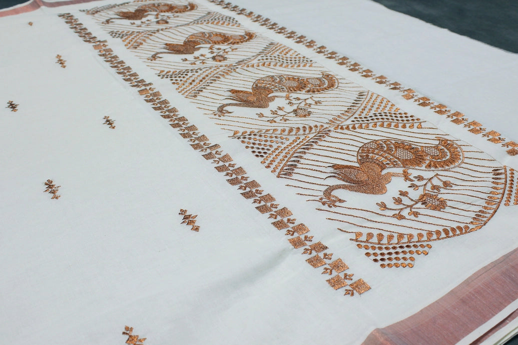 White Kerala Cotton Saree with Copper Zari Peacock Embroidery and Copper Border