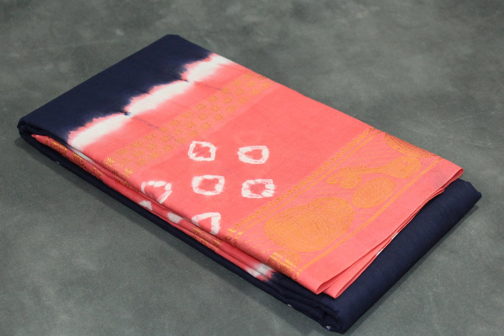 Pure Sungudi Cotton Bandhani Saree with Golden Zari Instrument Motif Border — Navy Blue & Coral, Unstitched Blouse Included