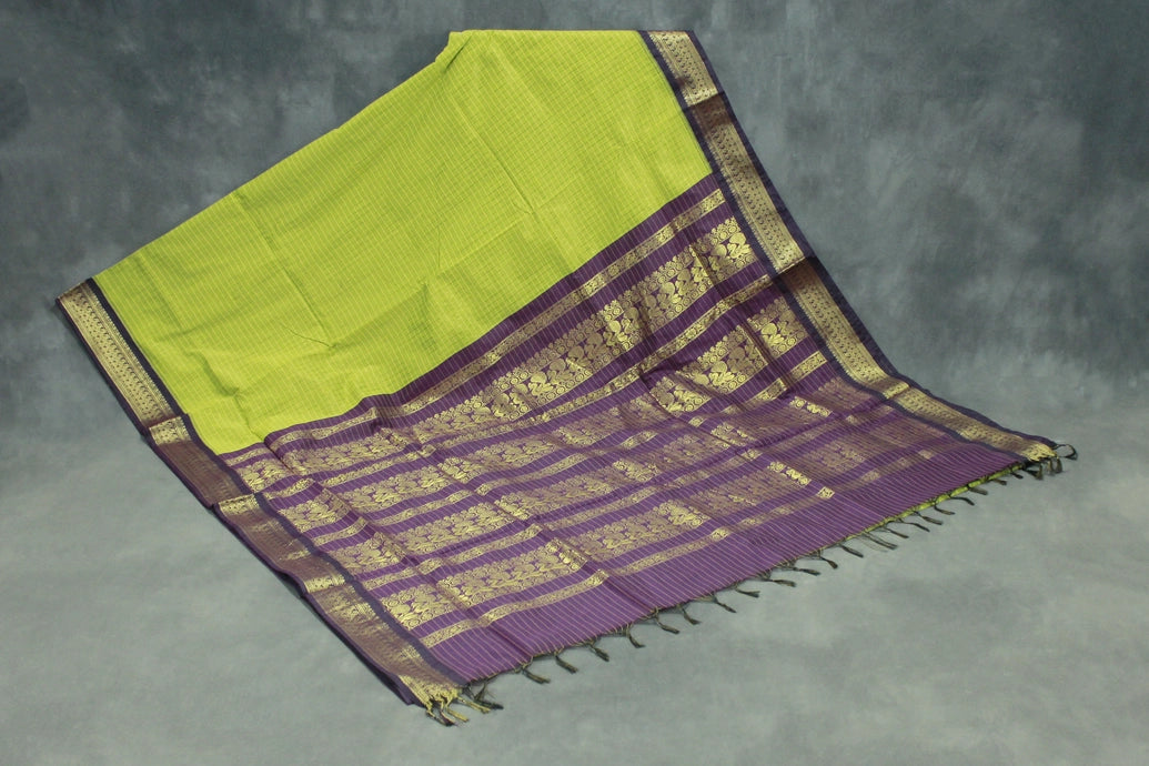 Green Kalyani Cotton Saree with Zari Checked & Peacock Border, Comes with Blouse