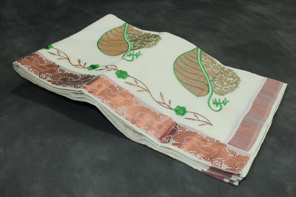 Pure Kerala Cotton White Saree with Copper Zari Peacock & Floral Embroidery