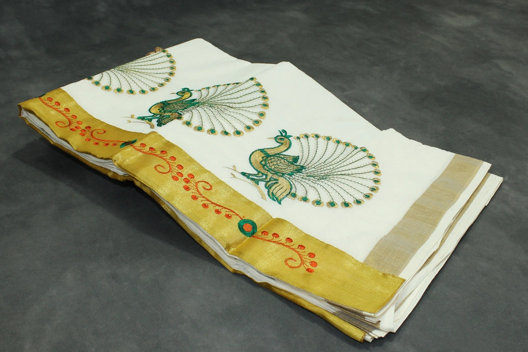 White Kerala Cotton Saree with Gold Zari and Green Peacock Thread Embroidery, Lightweight Traditional Pallu, Includes Blouse Piece