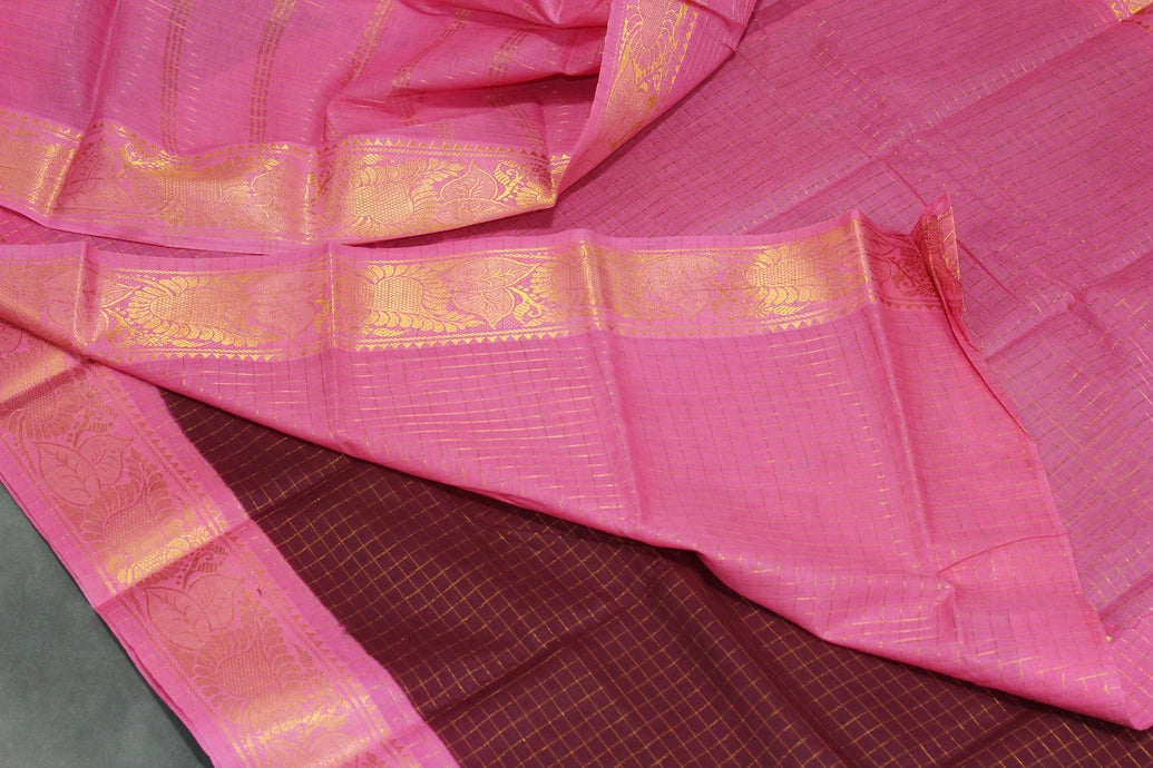 Purple Sungudi Cotton Checked Saree with Pink Peacock Gold Zari Double Border - Unstitched Blouse Included Saree JCS Fashions