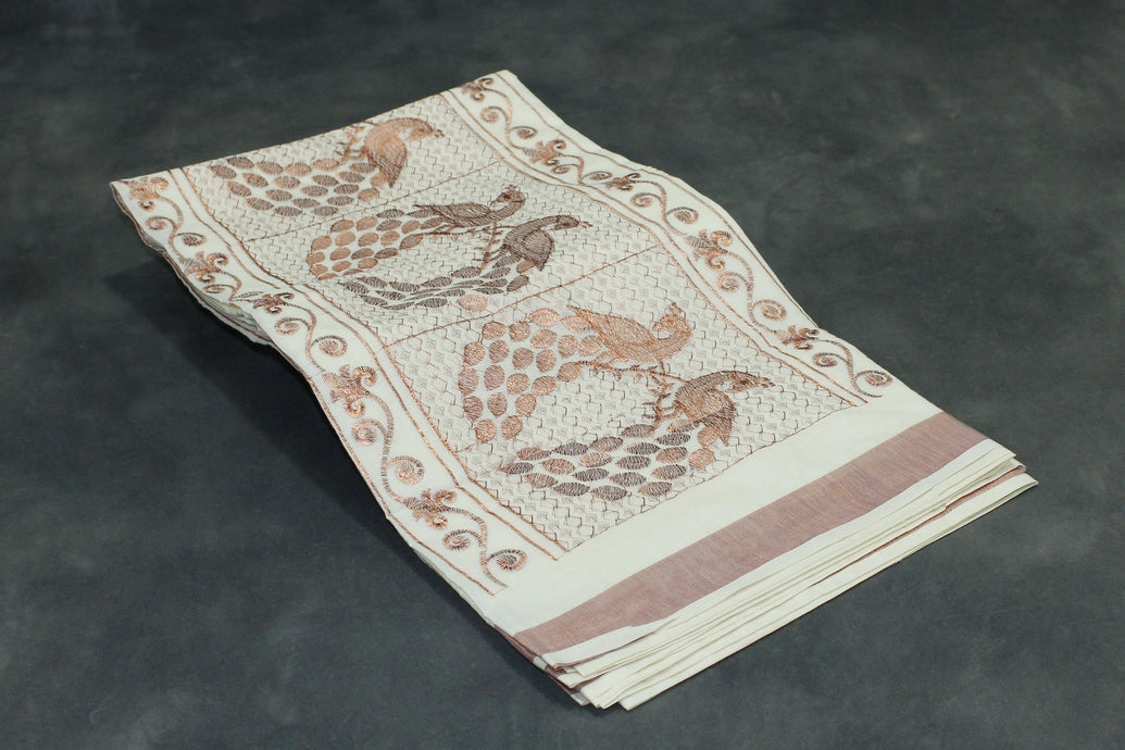 Pure Kerala Cotton Saree with Copper Zari Peacock Embroidery - White