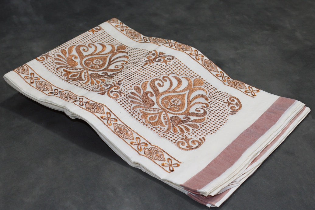 Pure Kerala Cotton Saree with Copper Zari Peacock Embroidery and Blouse Piece - White