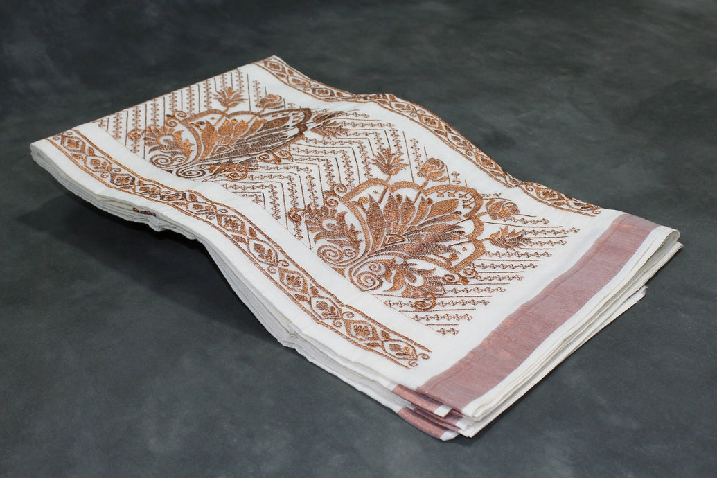 Pure Kerala Cotton White Saree with Copper Zari Peacock Embroidery and Blouse Piece