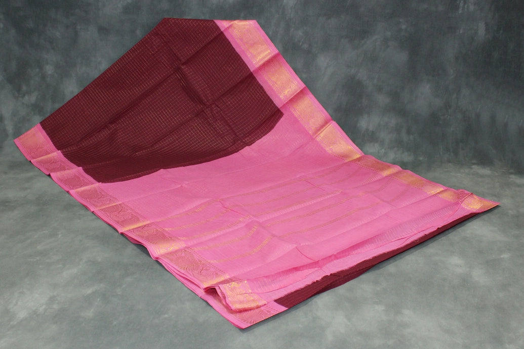 Purple Sungudi Cotton Checked Saree with Pink Peacock Gold Zari Double Border - Unstitched Blouse Included Saree JCS Fashions