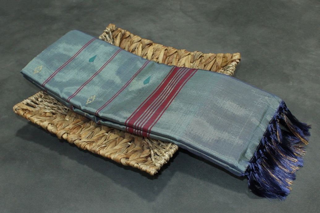 Steel Grey Vaazhai Naar (Banana Pith) Saree with Zari Border and Pink Pallu