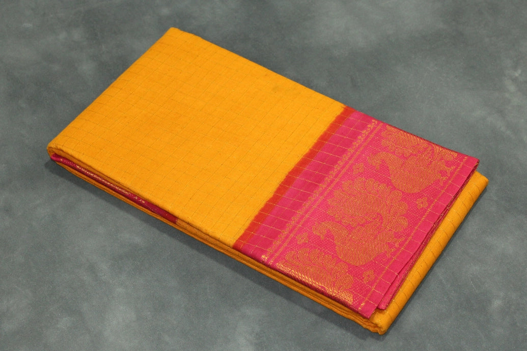 Sungudi Cotton Checked Saree in Yellow with Peacock Gold-Tone Zari Double Border Saree JCS Fashions