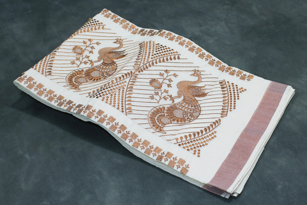 White Kerala Cotton Saree with Copper Zari Peacock Embroidery and Copper Border