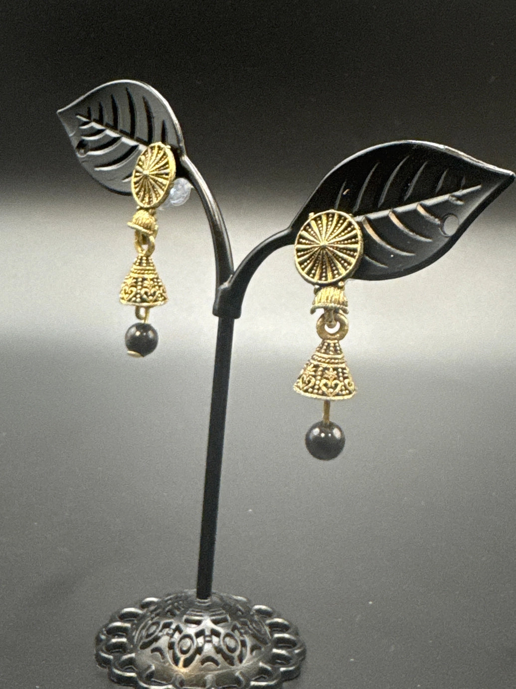 Antique Look Floral Jhumka Earrings – Gold-Tone Jhumki with Coloured Bead Drop (1.5 inch) - Black