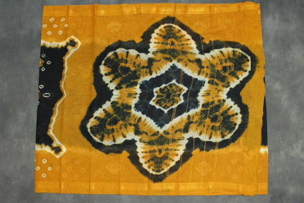 Black & Mustard Sungudi Cotton Bandhani Saree with Golden Zari Border Saree JCS Fashions