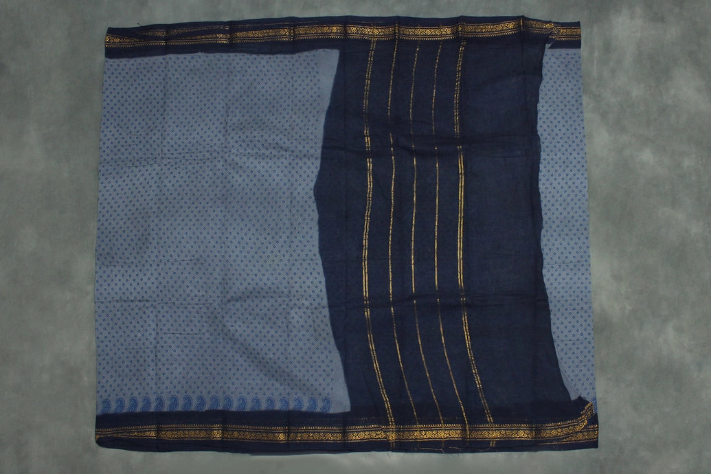 Grey Poly-Cotton Printed Saree with Navy Blue Border & Gold-Tone Motif Saree JCS Fashions