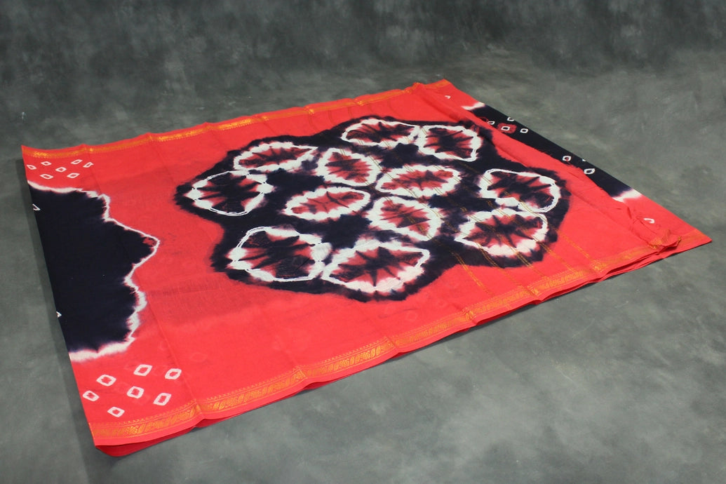 Sungudi Cotton Bandhani Saree with Golden Zari Border - Orange, 5.5m Saree JCS Fashions