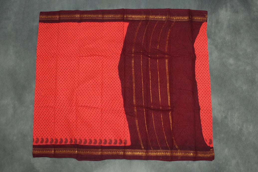 Red Poly Cotton Printed Saree with Maroon Gold Border - 5.5m Saree JCS Fashions
