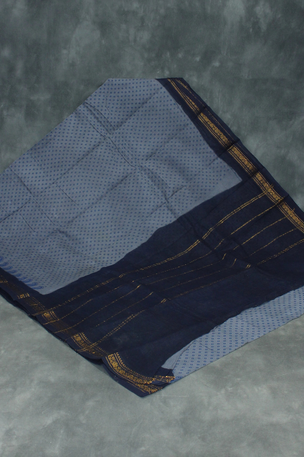 Grey Poly-Cotton Printed Saree with Navy Blue Border & Gold-Tone Motif Saree JCS Fashions