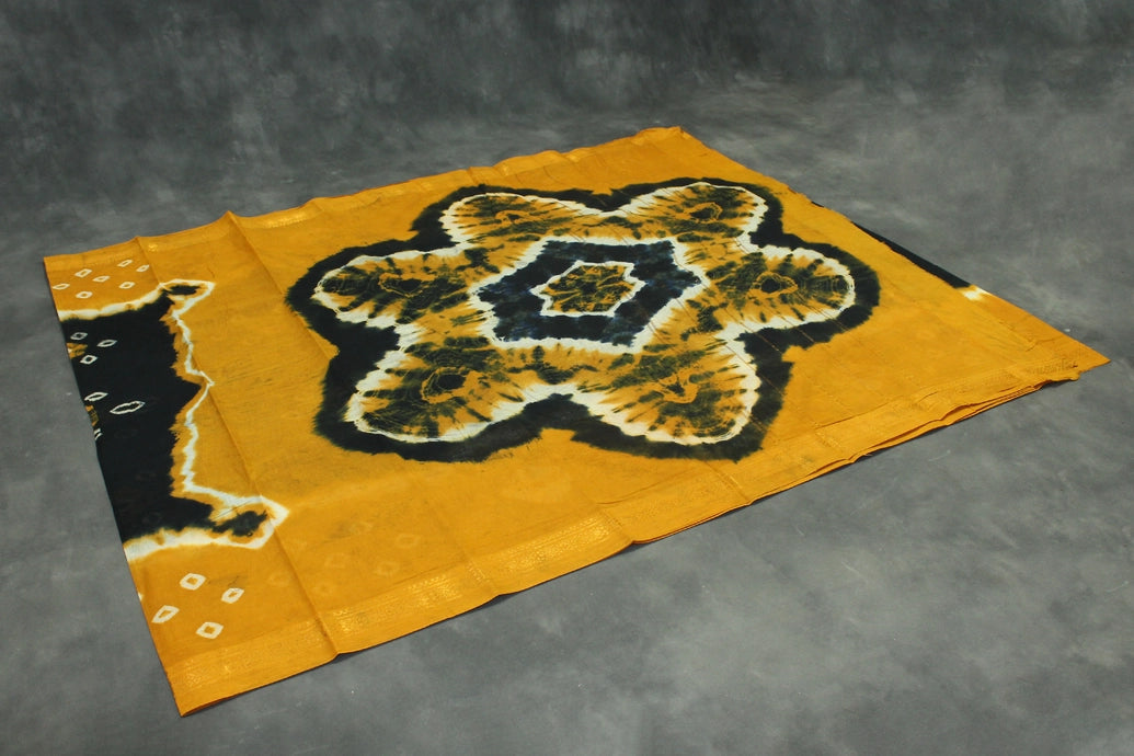 Black & Mustard Sungudi Cotton Bandhani Saree with Golden Zari Border Saree JCS Fashions