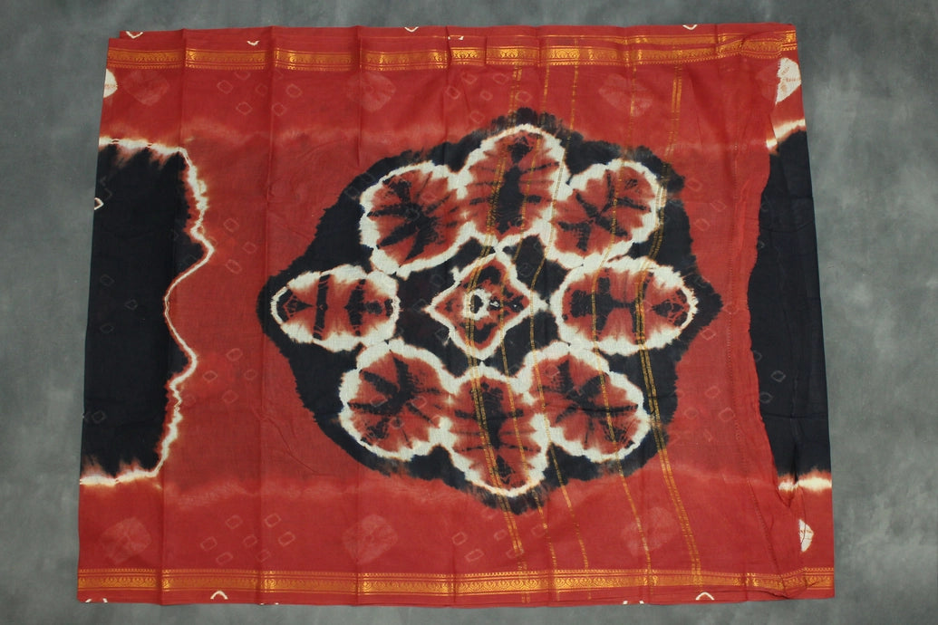 Sungudi Cotton Bandhani Saree with Golden Zari Border - Black & Brown Saree JCS Fashions