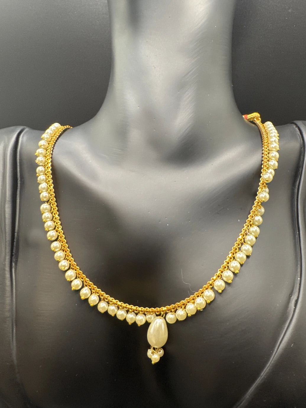 Traditional Gold-Tone Imitation Pearl Necklace Set with Center Drop Pendant and Matching Studs - Lightweight Adjustable Backing Jewelry JCS Fashions