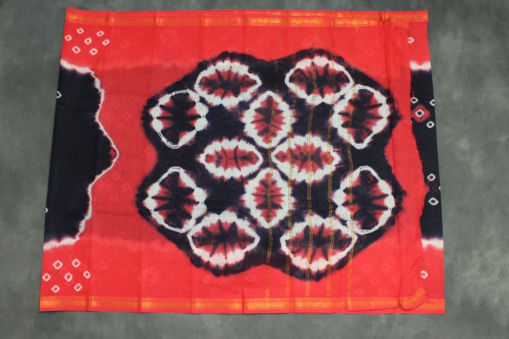 Sungudi Cotton Bandhani Saree with Golden Zari Border - Orange, 5.5m Saree JCS Fashions