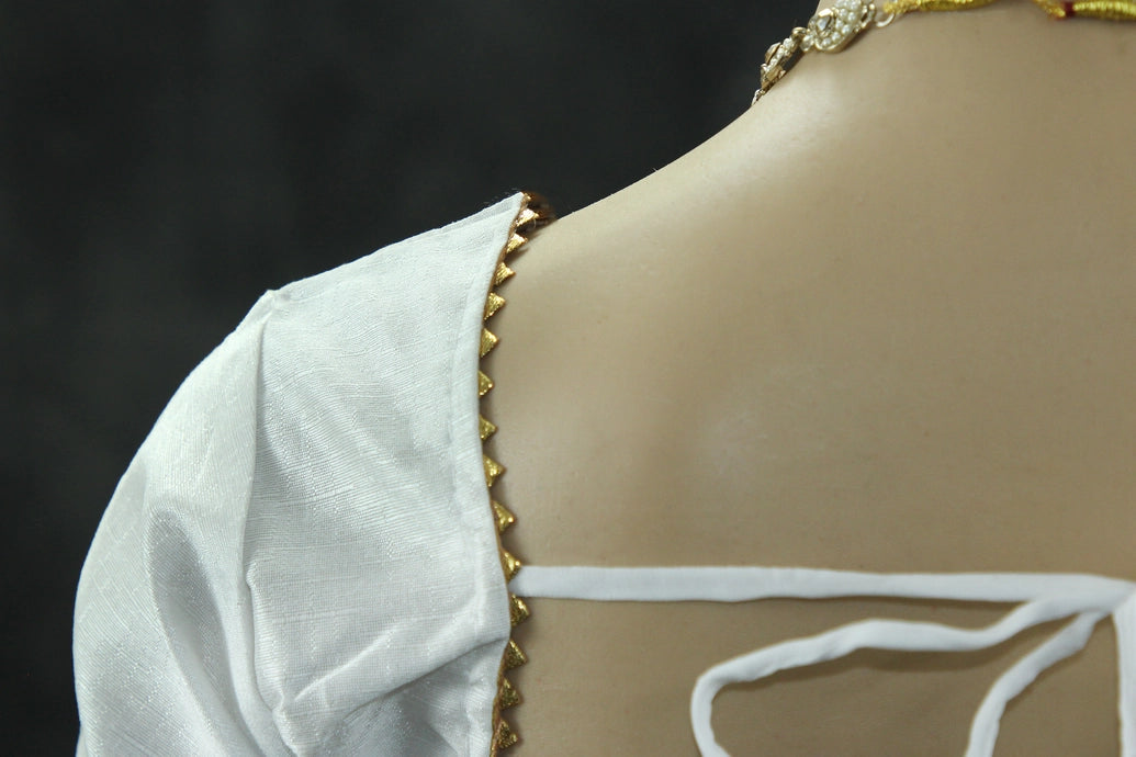 Readymade Padded White Raw Silk Blouse - Elbow Sleeve with Back Knot Blouse JCS Fashions