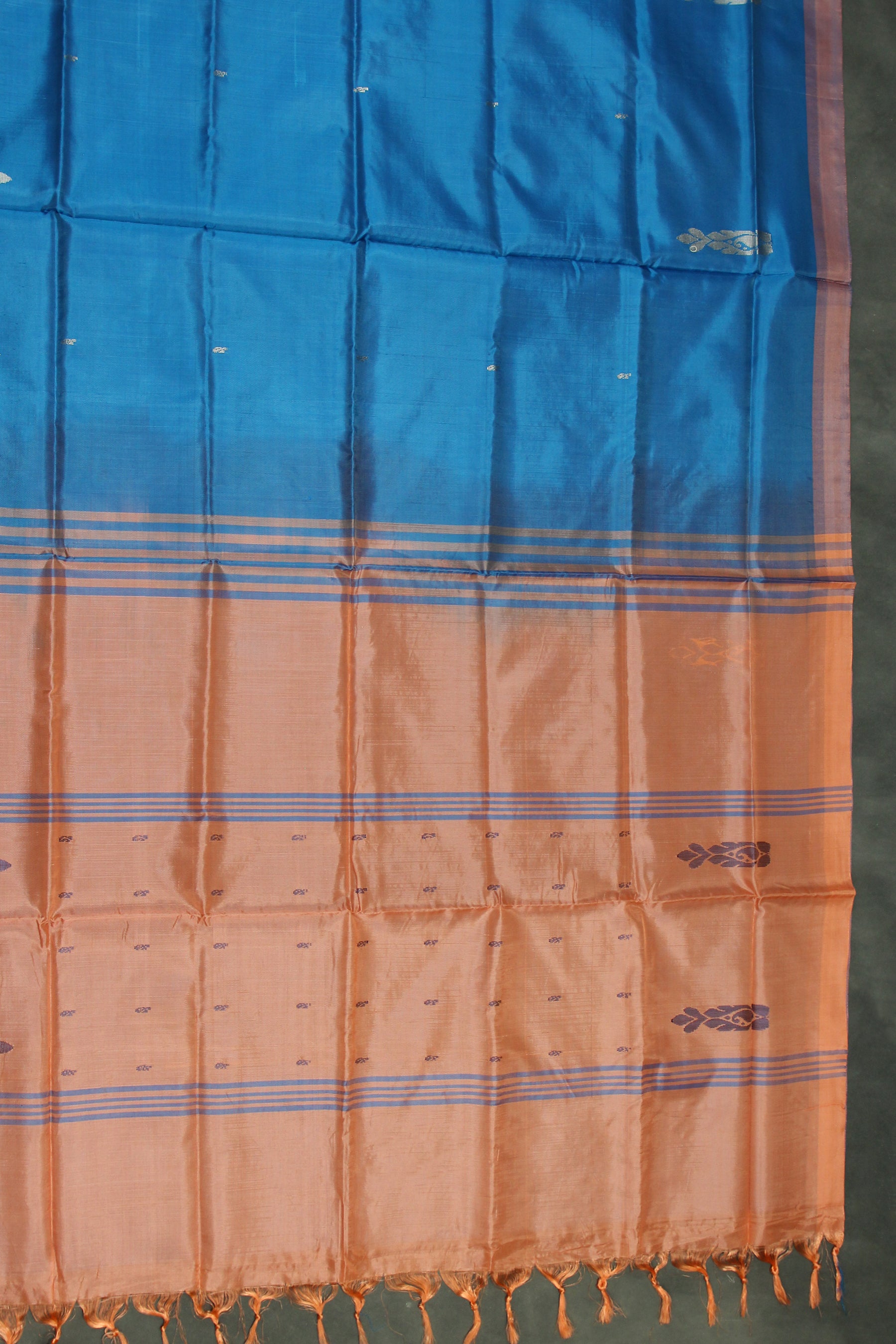 Peach Orange Vaazhai Naar (Banana Pith) Saree with Blue Stripe Pallu and Small Buttas