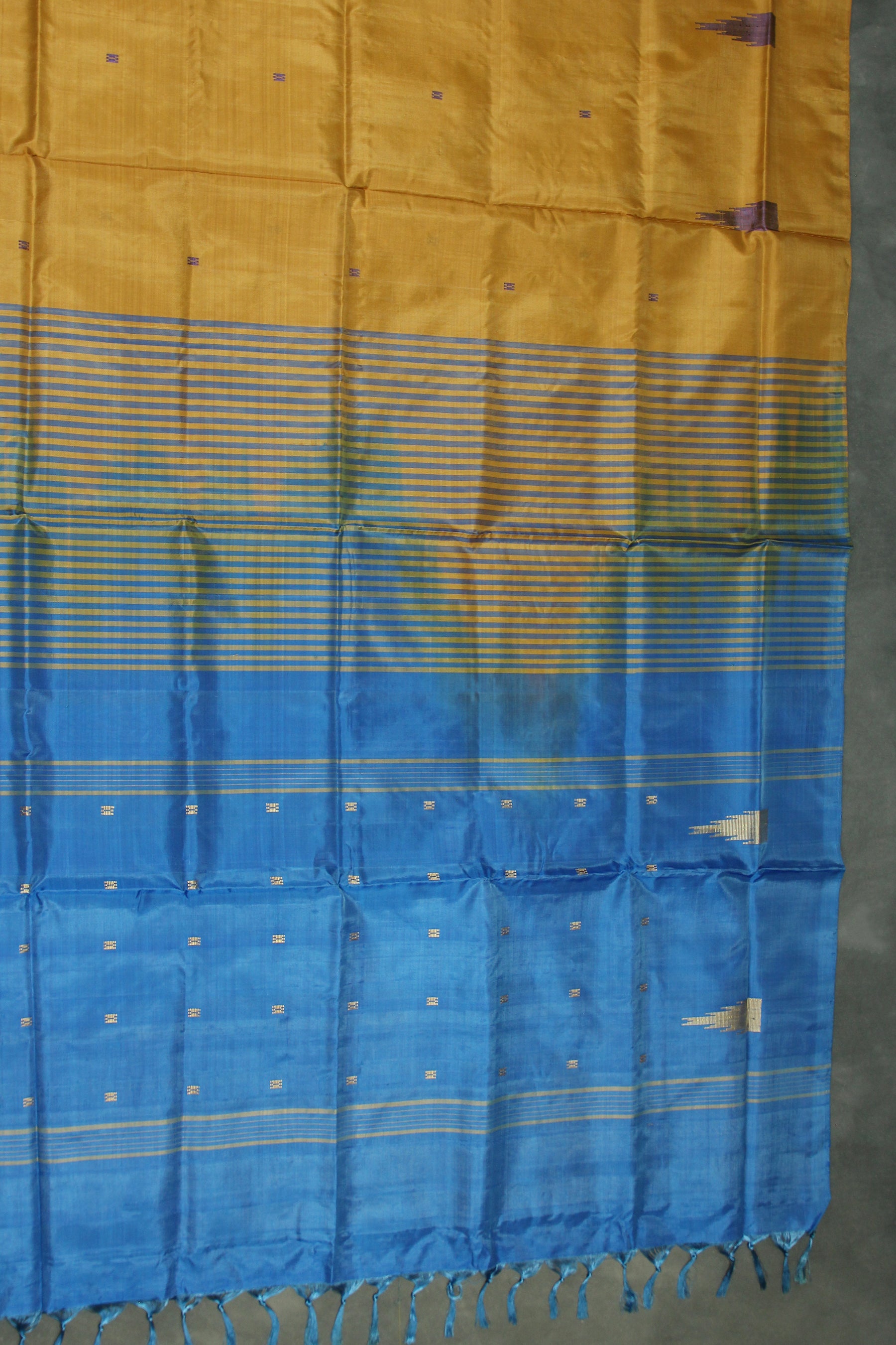 Blue & Mustard Vaazhai Naar (Banana Pith) Saree with Small Butta Allover, Borderless Design, Striped Pallu