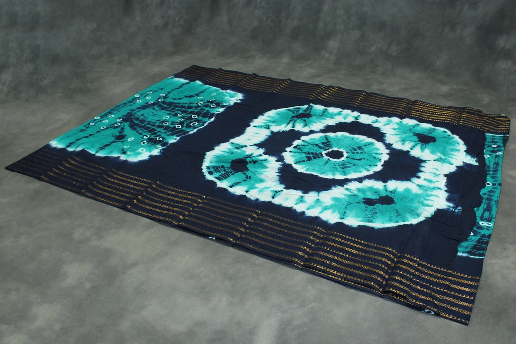 Teal Green Bandhani Sungudi Cotton Saree with Navy Zari-Striped Border Saree JCS Fashions