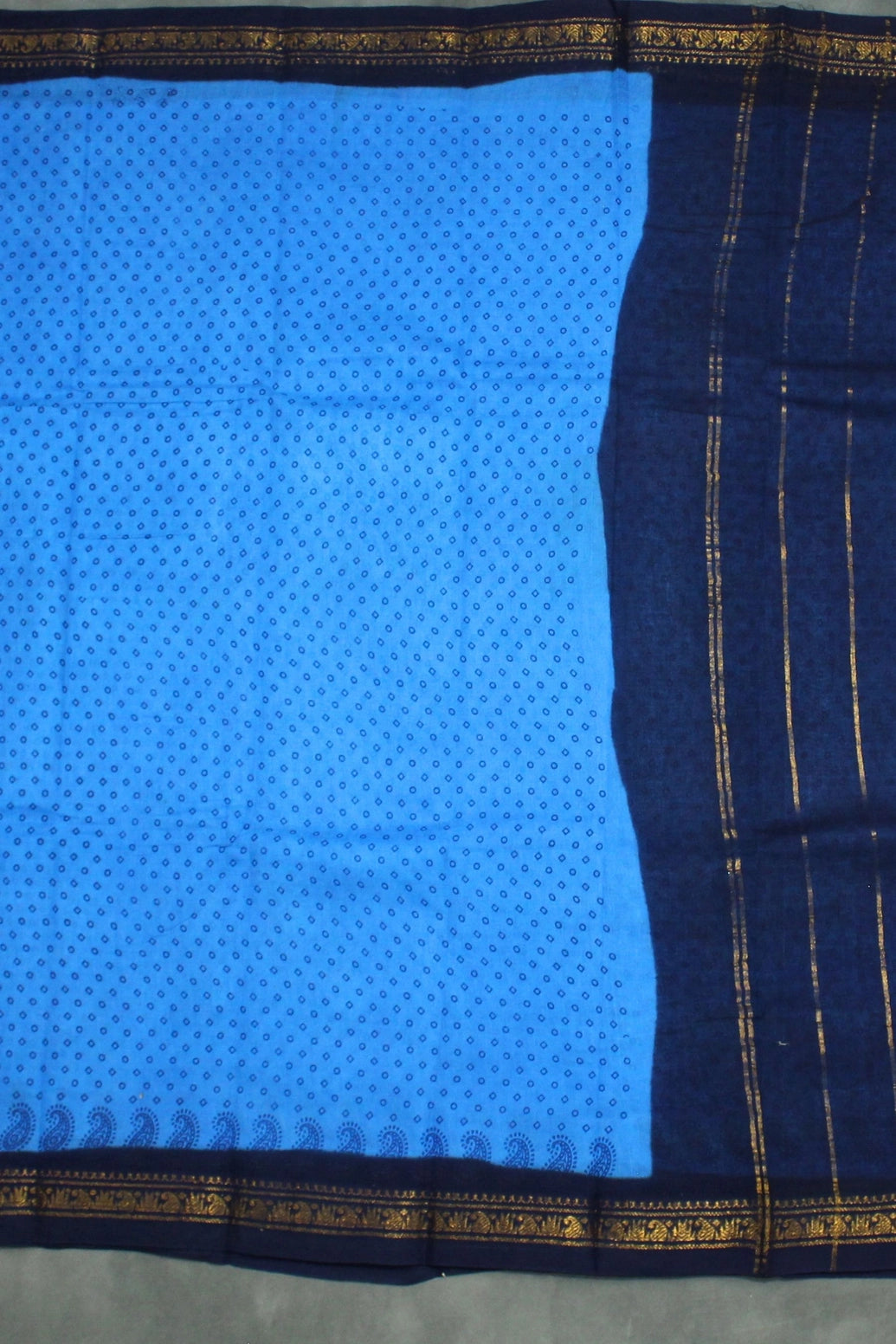 Blue Poly Cotton Printed Saree with Navy Golden Border - 5.5m