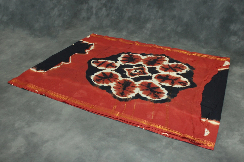 Sungudi Cotton Bandhani Saree with Golden Zari Border - Black & Brown Saree JCS Fashions