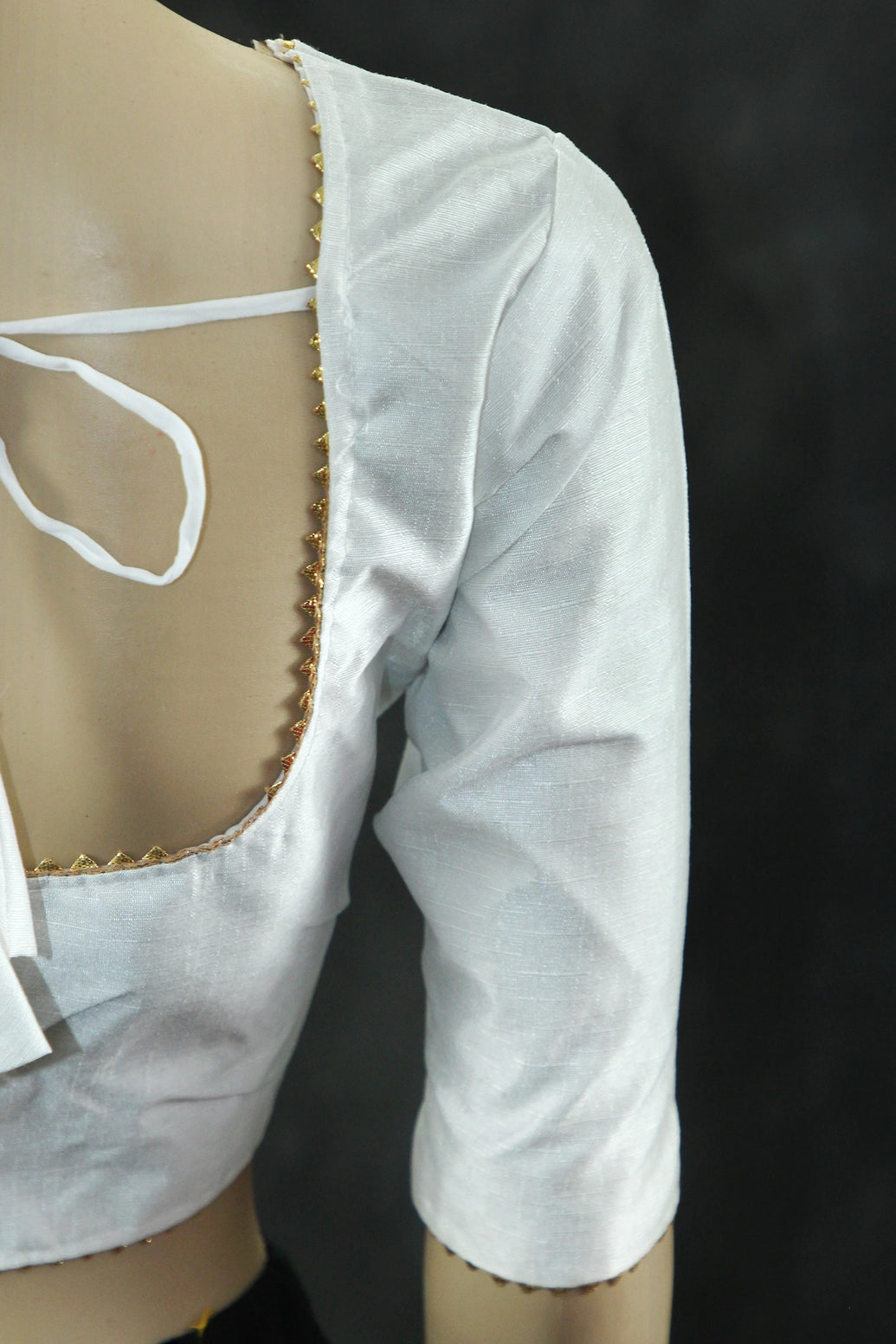 Readymade Padded White Raw Silk Blouse - Elbow Sleeve with Back Knot Blouse JCS Fashions