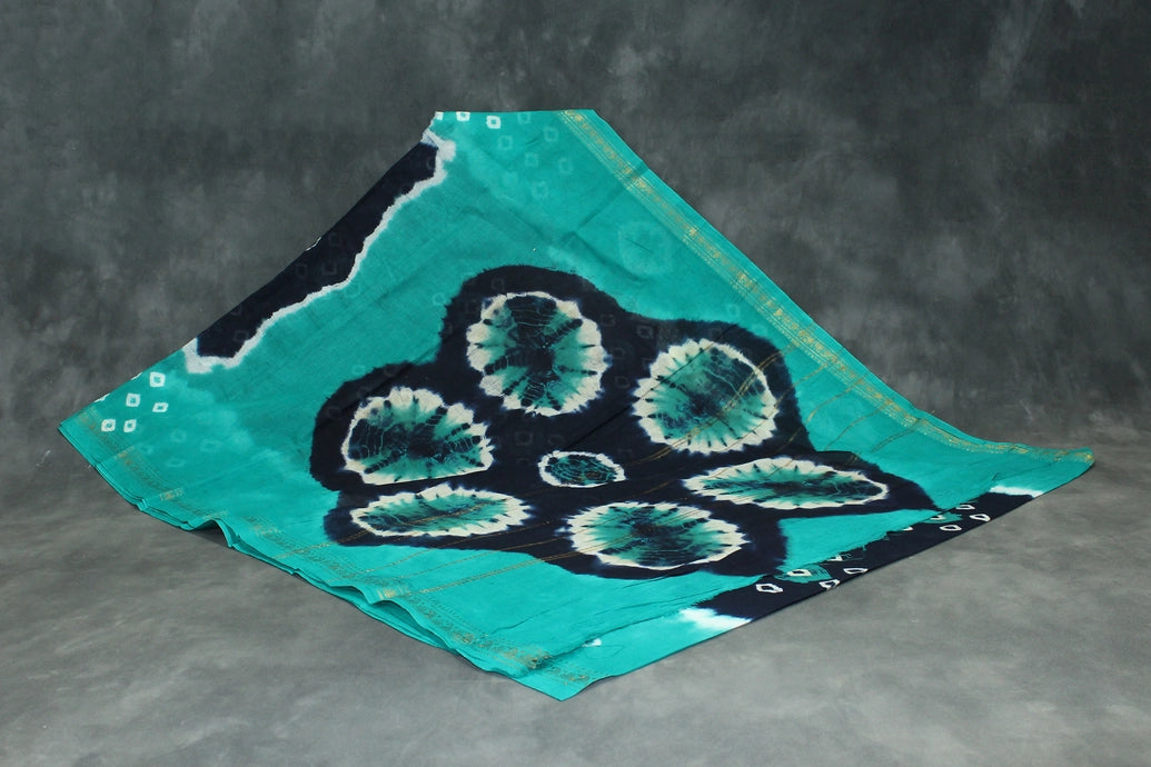 Bandhani Sungudi Cotton Saree with Golden Zari Border-Navy Blue & Teal Saree JCS Fashions