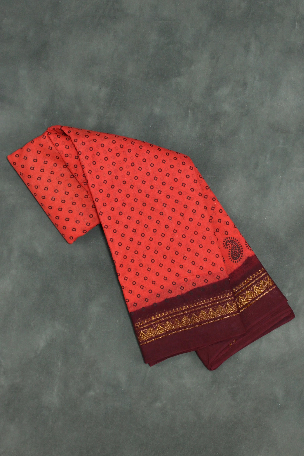 Red Poly Cotton Printed Saree with Maroon Gold Border - 5.5m Saree JCS Fashions