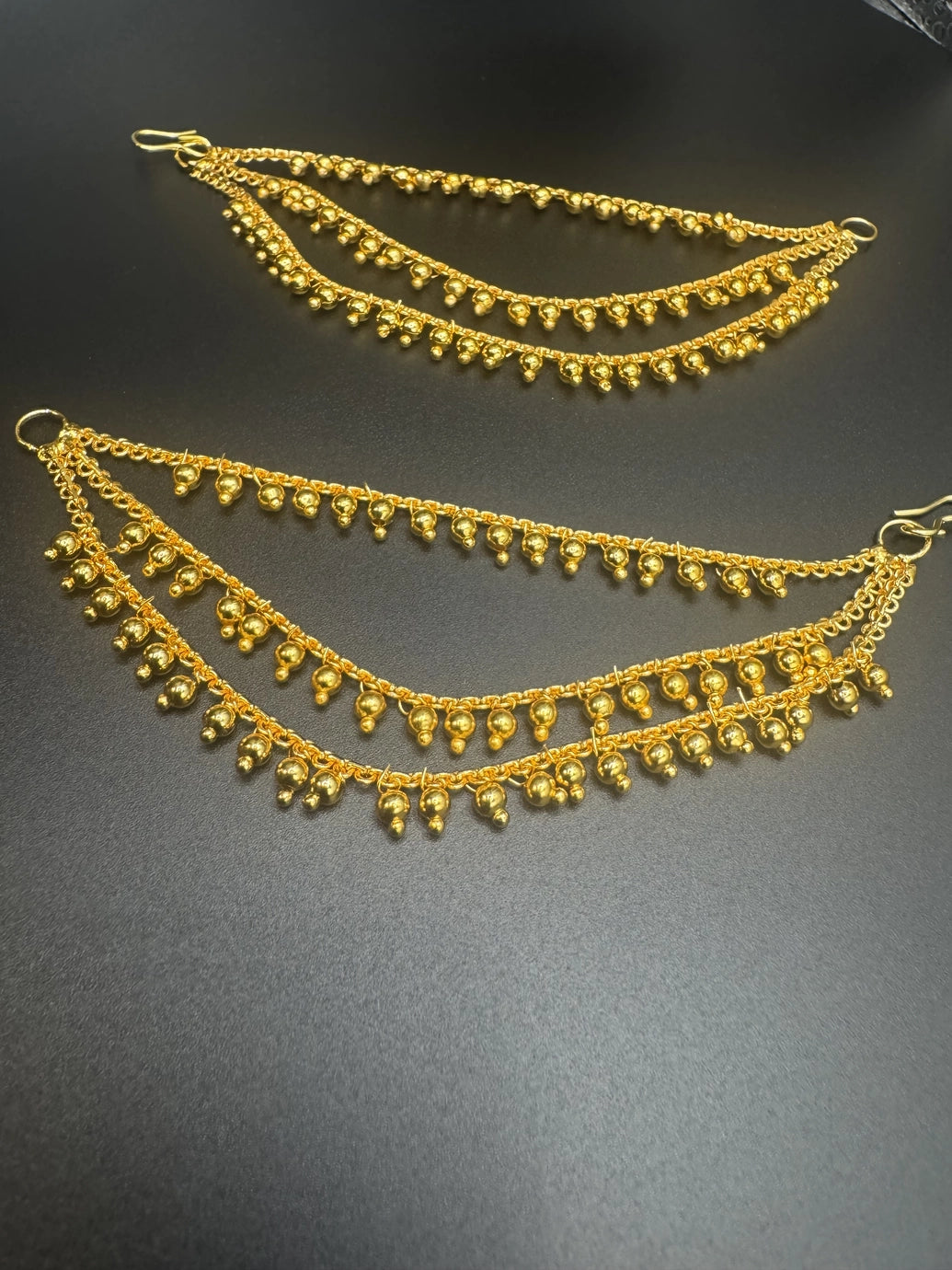 Gold-Tone 3-Layer Mattal Hair Chain, 4-inch - Traditional South Indian Temple & Bridal Head Chain for Bharatanatyam, Kuchipudi