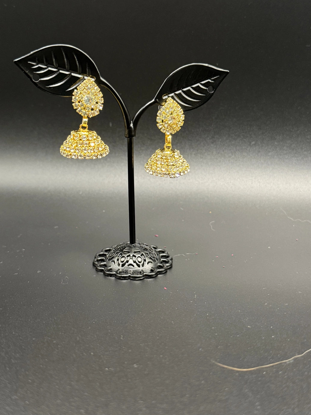 Gold-Look Leaf Design Crystal Jhumka Earrings for Women — Bridal & Party Fashion Jewellery with White Stones, 1.5 inch