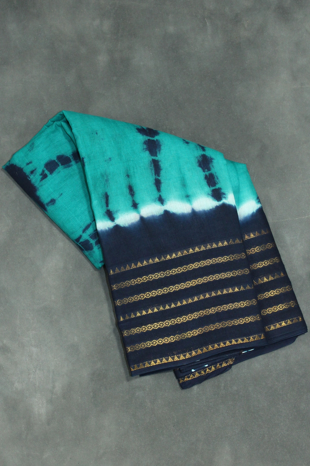Teal Green Bandhani Sungudi Cotton Saree with Navy Zari-Striped Border Saree JCS Fashions