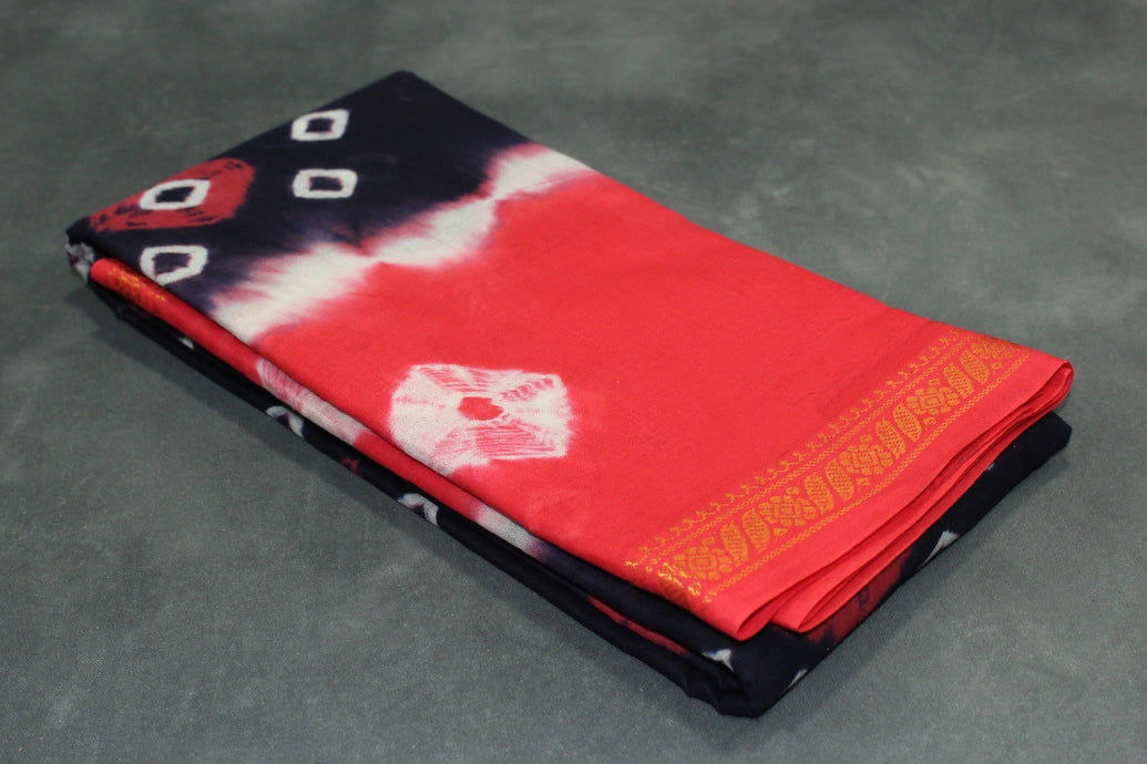 Sungudi Cotton Bandhani Saree with Golden Zari Border - Orange, 5.5m Saree JCS Fashions