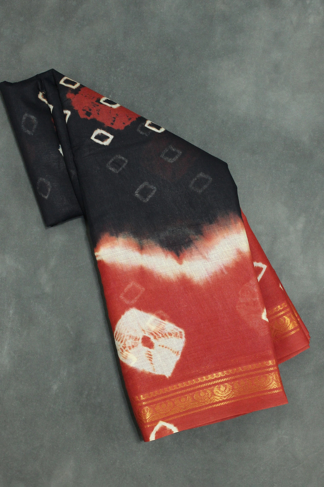 Sungudi Cotton Bandhani Saree with Golden Zari Border - Black & Brown Saree JCS Fashions