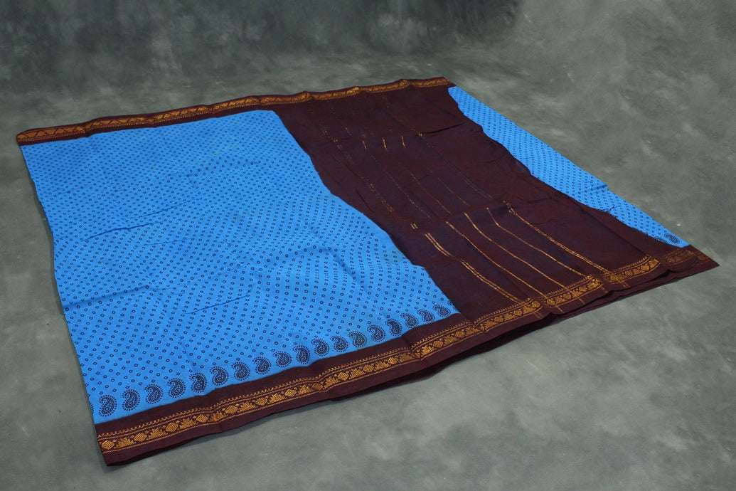 Blue & Brown Printed Poly Cotton Saree - Soft Lightweight 5.5m Saree JCS Fashions