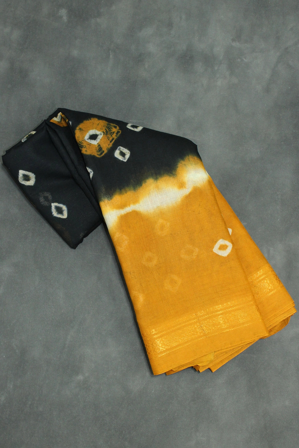 Black & Mustard Sungudi Cotton Bandhani Saree with Golden Zari Border Saree JCS Fashions