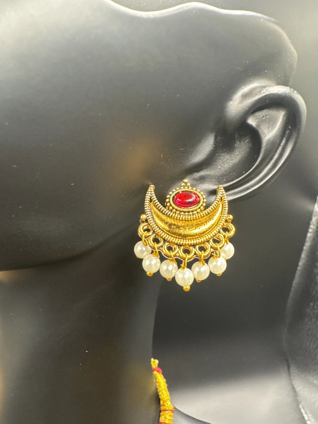 Gold-Tone Temple Neck Set with Green & Pink Stones, Imitation Pearls & Matching Earrings