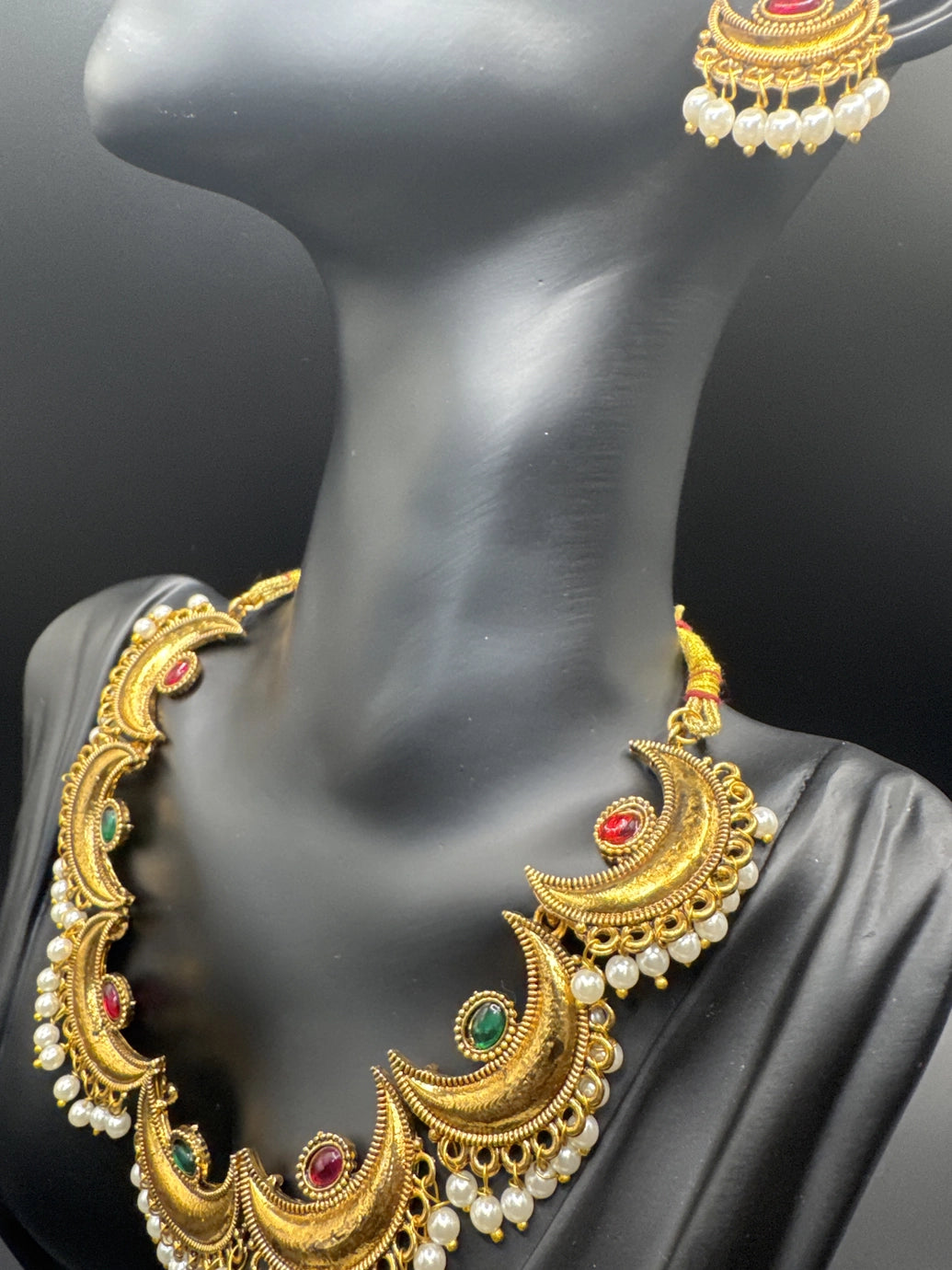 Gold-Tone Temple Neck Set with Green & Pink Stones, Imitation Pearls & Matching Earrings
