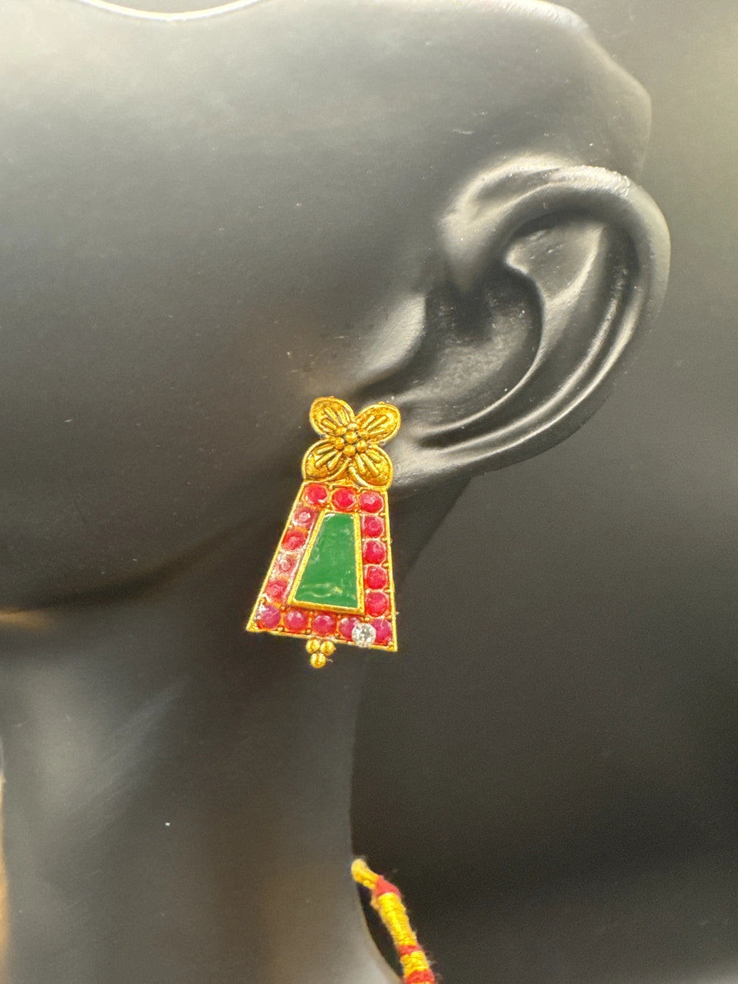 Gold-Tone Floral Neckset with Green & Red Stones - Traditional Ethnic Brass Look Necklace Set for Sarees & Ethnic Wear