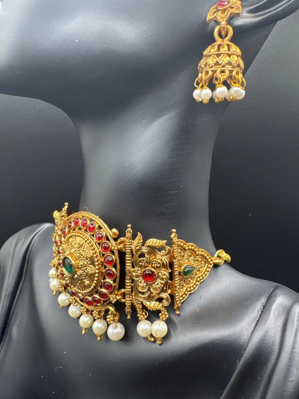 Gold-Tone Temple Choker Necklace Set with Red & Green Stones and Pearl Drops