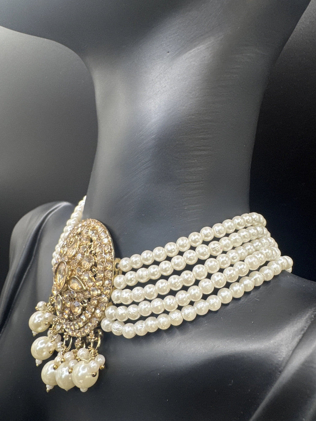 Gold-Tone Pearl Choker Necklace Set with Crystal-Studded Oval Centerpiece, Pearl Drops and Matching Earrings – 9 Inch