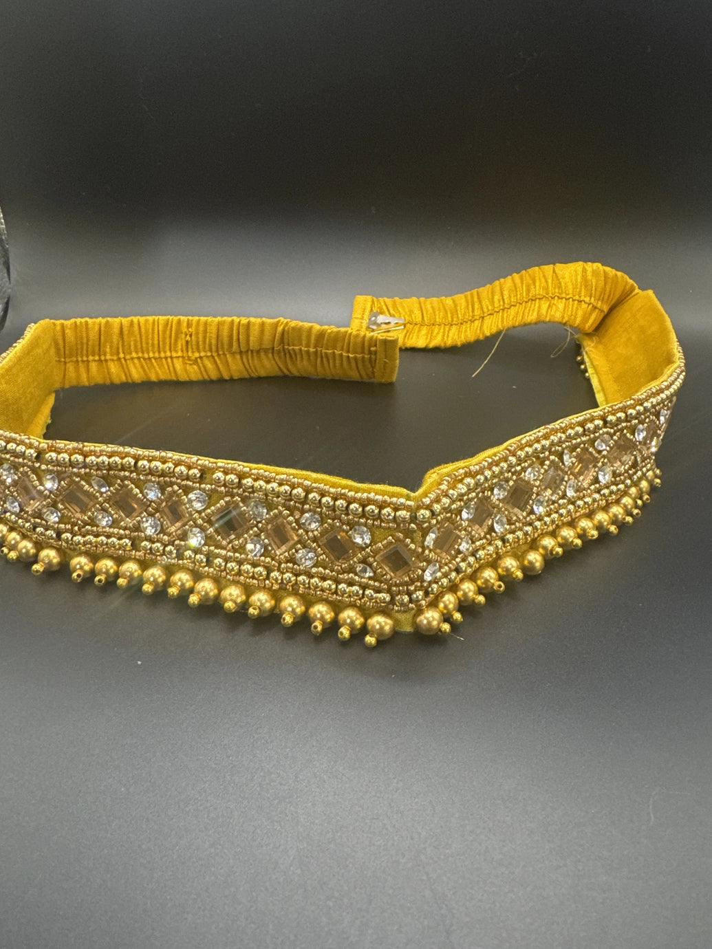 Gold-Tone Embellished Hip Belt with Mirror Accents and Bead Detailing - Traditional Adjustable Waist Belt
