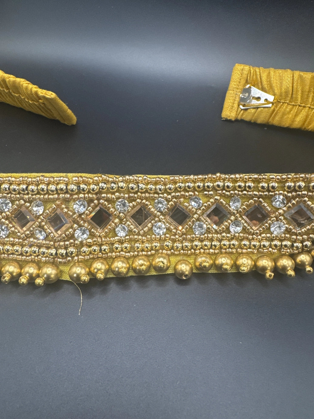 Gold-Tone Embellished Hip Belt with Mirror Accents and Bead Detailing - Traditional Adjustable Waist Belt