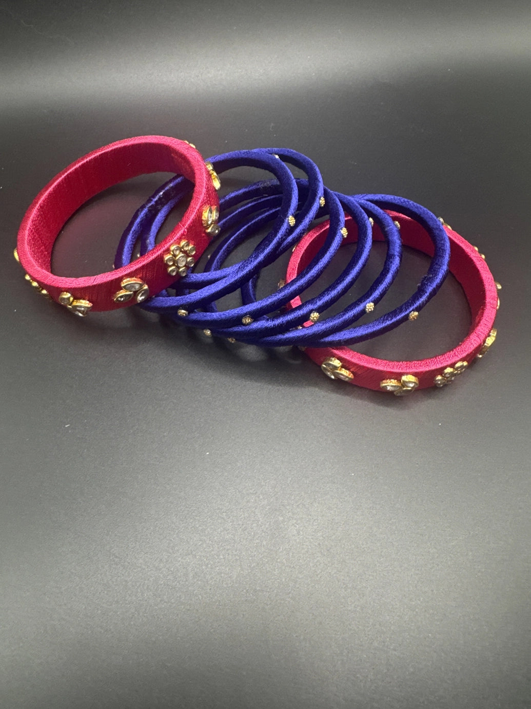 Silk Thread Bangles Set - Pink & Royal Blue, 8 Pieces, Size 2.4 (Women)