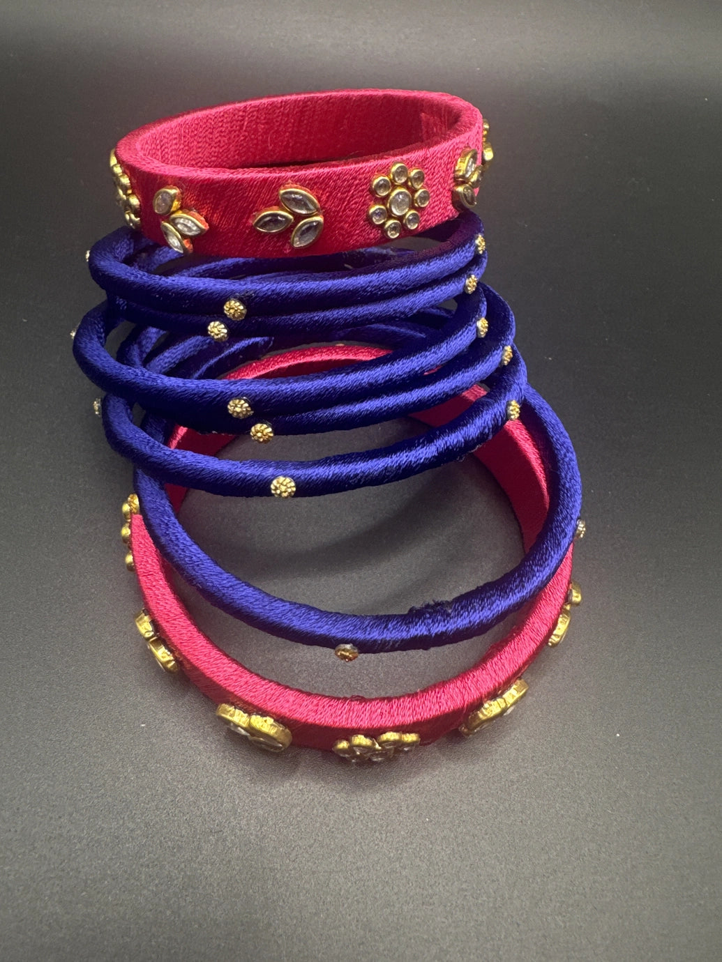 Silk Thread Kundan-Style Bangle Set - Pink & Royal Blue Silk-Wrapped Bangles (8 pcs, Size 2.4)