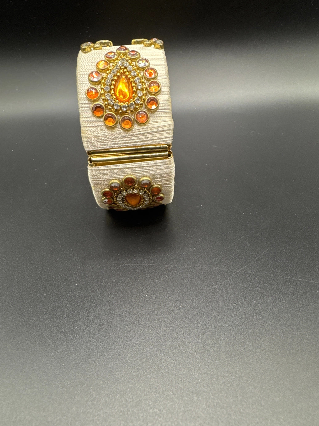 Beige Silk Thread Kundan Kada Bracelet - Open-Close Wide Ethnic Bangle for Festival & Casual Wear, Gold-Tone Kundan Stone Work for Women Girls Kids Jewelry JCS Fashions