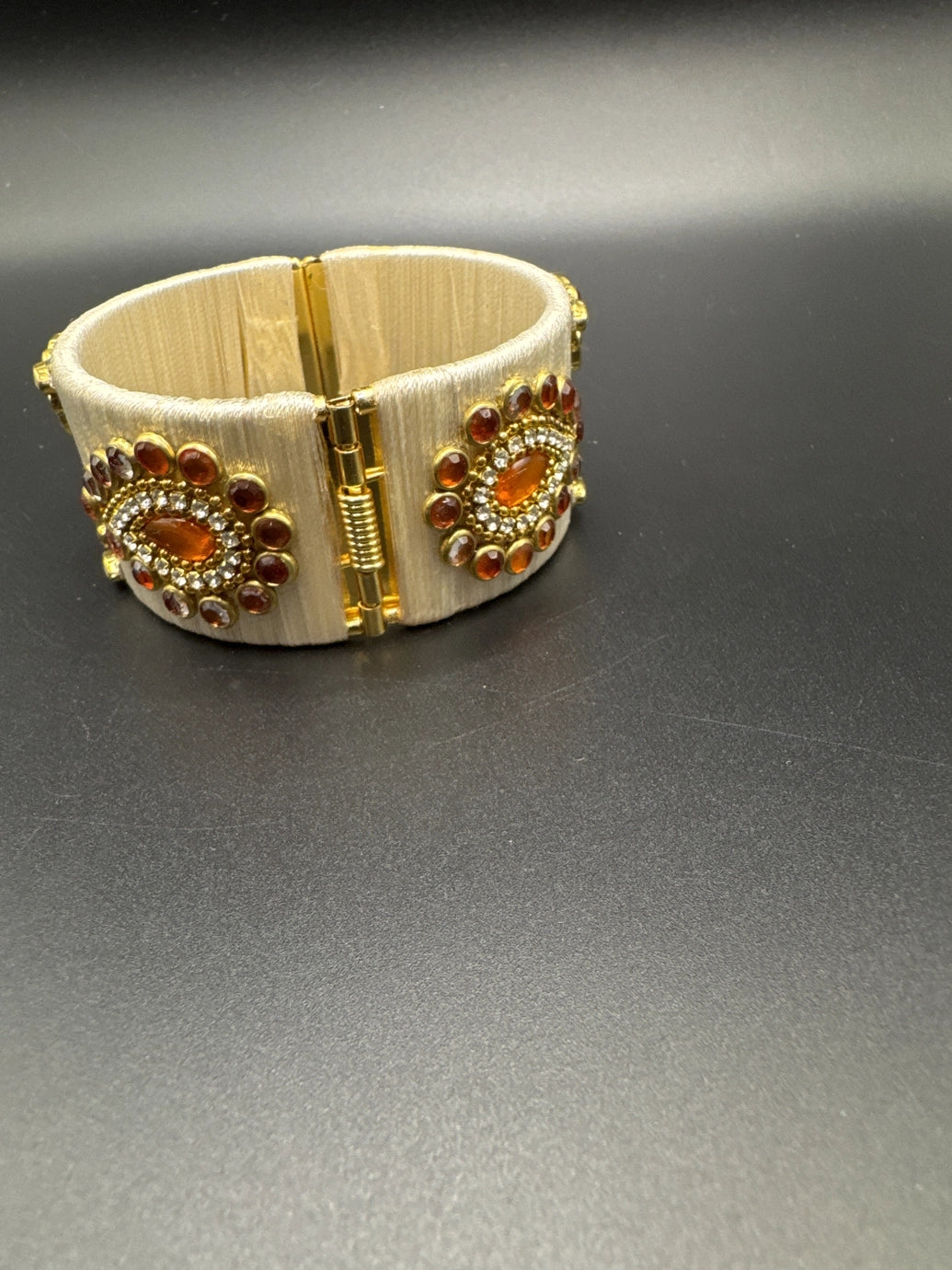 Beige Silk Thread Kundan Kada Bracelet - Open-Close Wide Ethnic Bangle for Festival & Casual Wear, Gold-Tone Kundan Stone Work for Women Girls Kids Jewelry JCS Fashions